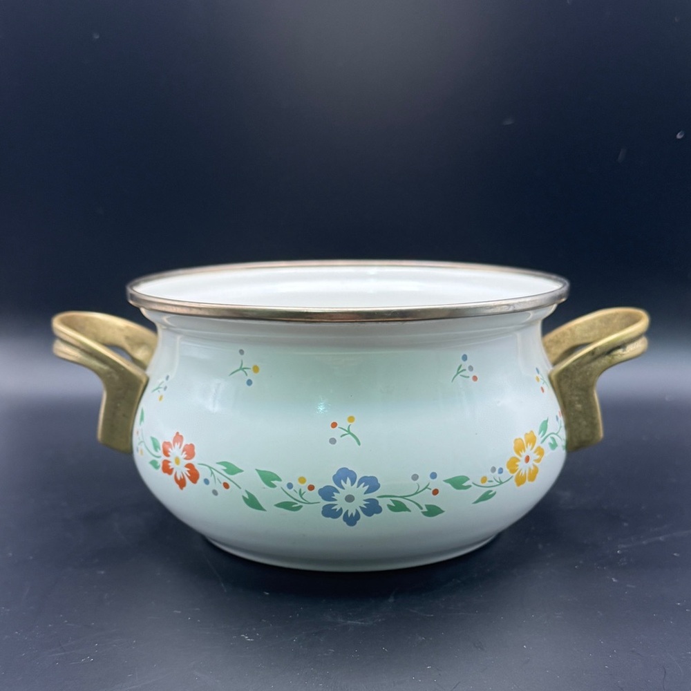 Vintage M. Kamenstein Floral Enamelware Pot With Brass Handles